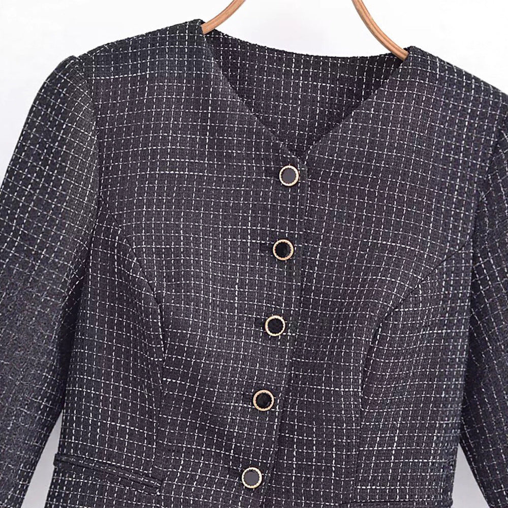 Elegant blazer jacket for women in textured fabric with decorative button details Lune London