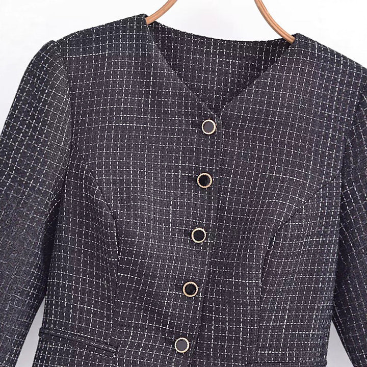 Elegant blazer jacket for women in textured fabric with decorative button details Lune London