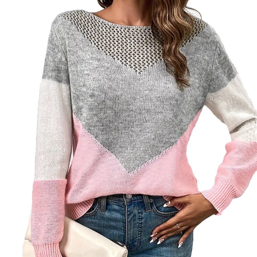 Ladies modern knit pullover with contrasting color blocks and V neck