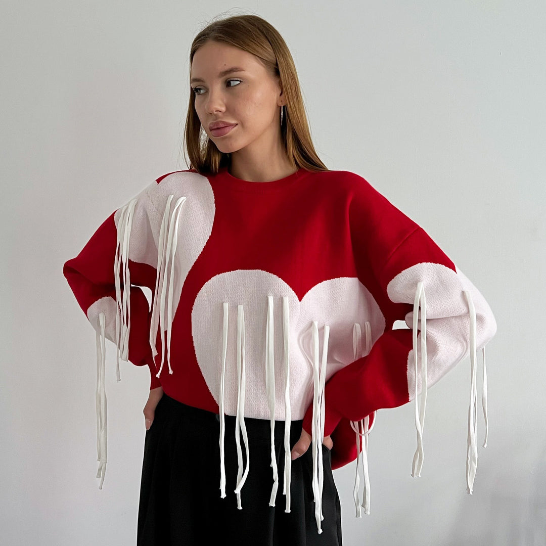 Fashionable women's sweater with a cheerful heart-shaped design and creative fringes Lune London