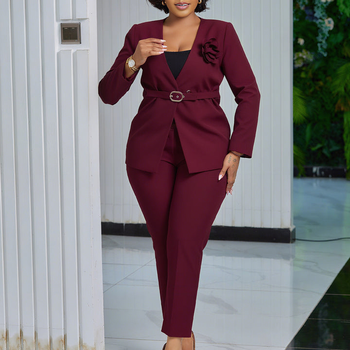 Lune London elegant blazer and pant set for women with belt and floral applique