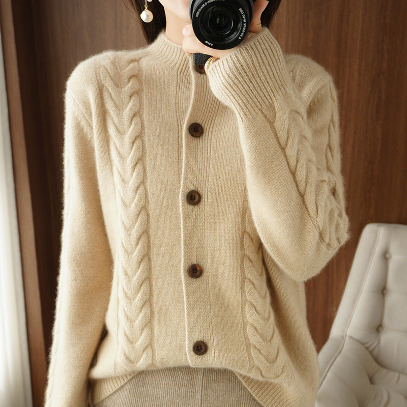 Comfortable knit jacket for women with cable pattern and button placket Lune London