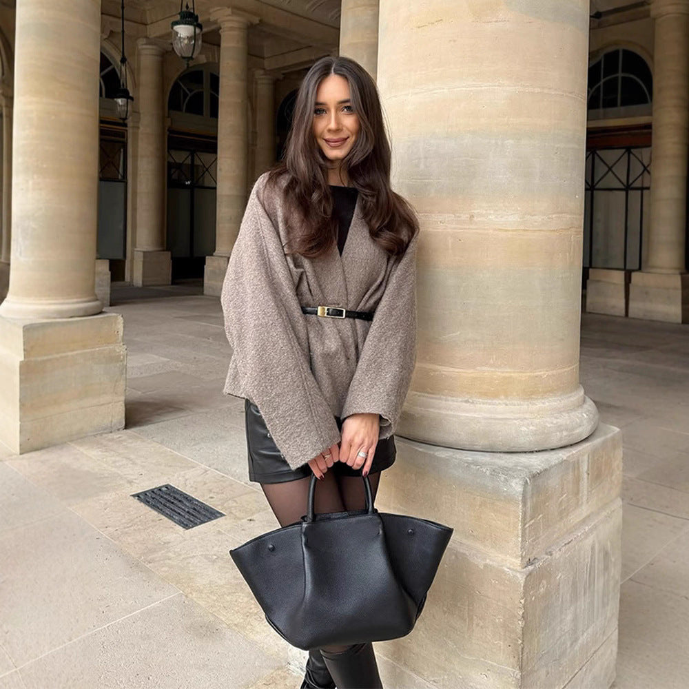 Oversized wool coat for women with belt and wide sleeves Lune London