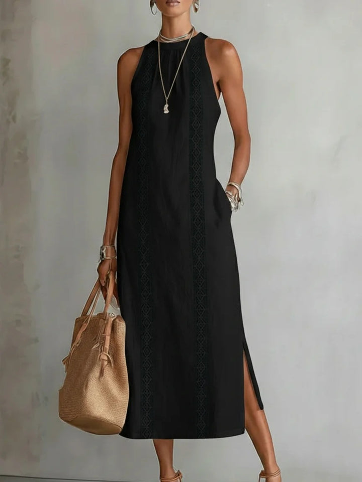 Women Elegant Summer Maxi Dress with Lace Appliqué and Side Slit Lune London