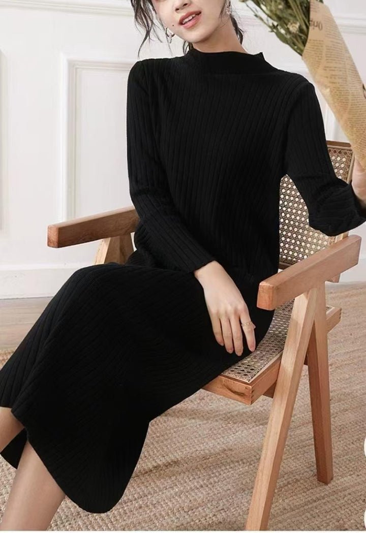 Knit dress for women with a fine ribbed texture and a high collar Lune London