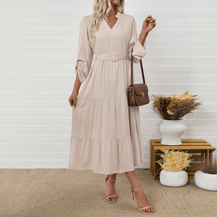 Maxi dress for women with floating ruffles and fitted belt Lune London