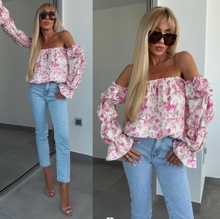 Off-shoulder floral blouse for women with balloon sleeves Lune London
