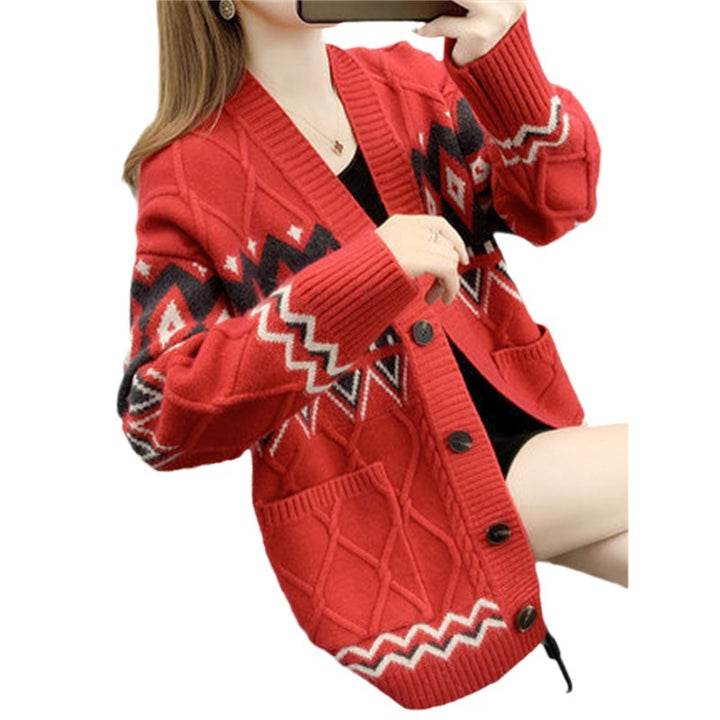 Women's knitted jacket with a modern braid and geometric pattern Lune London