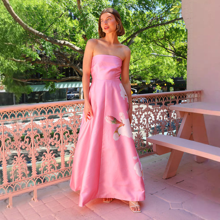 Chic & Stil Women's Strapless Maxi Dress with Floral Print