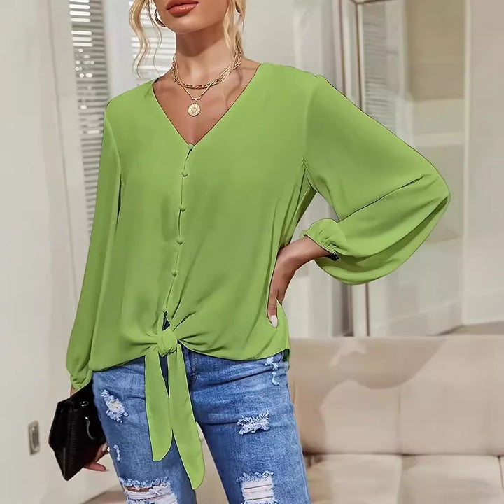 Elegant ladies blouse with knot detail and V-neck Lune London