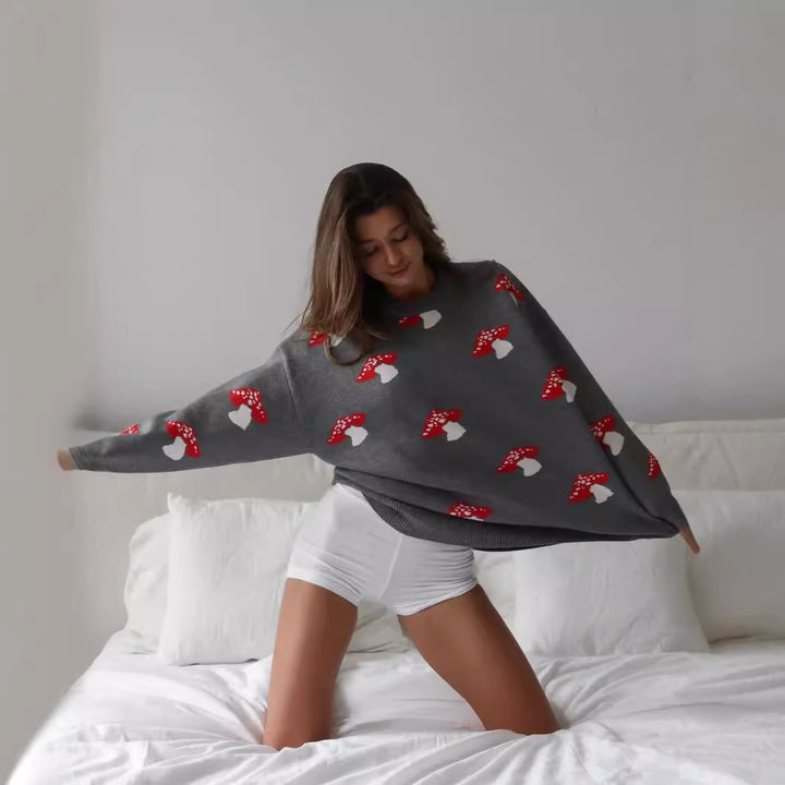 Knitted sweater for ladies with playful mushroom pattern Lune London