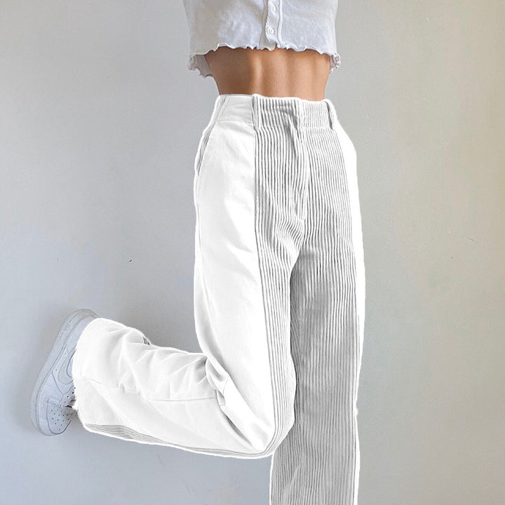 High-waisted relaxed fit pants for women with vertical ribbed details Lune London