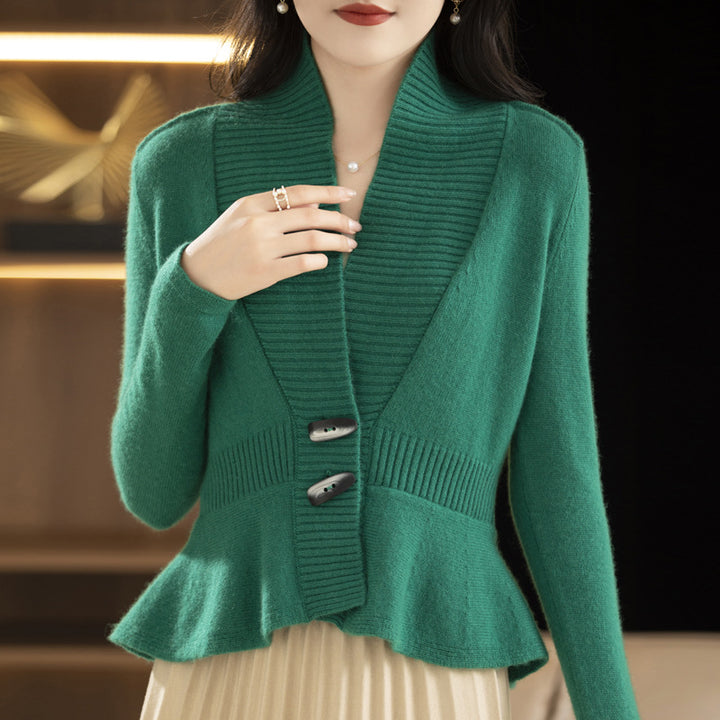 Lune London elegant woman knitted cardigan with wrapped appearance and button detail