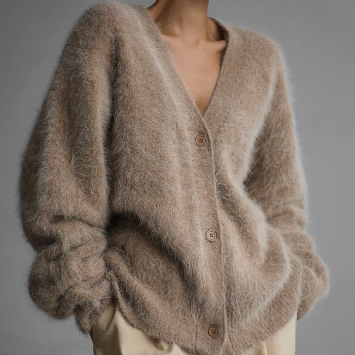 Ladies cozy knit cardigan with V-neck and button details Lune London