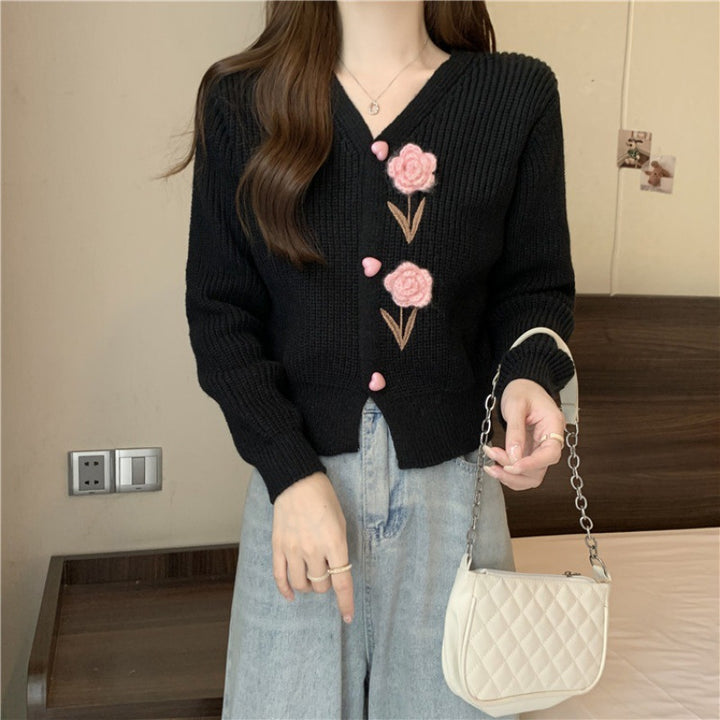 Knitted jacket for women with floral appliqués and V-neck Lune London