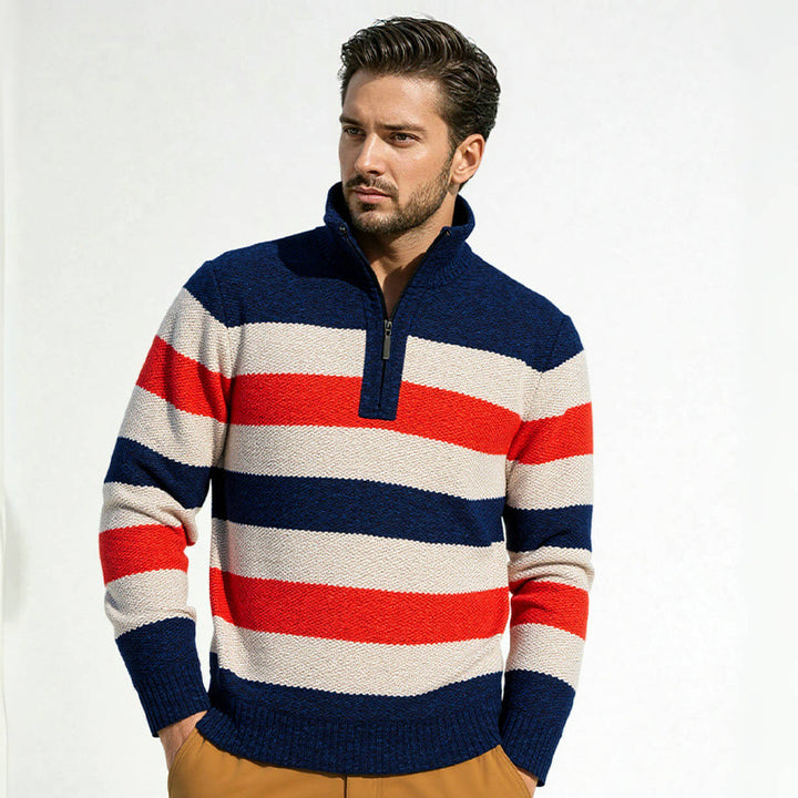 Trendy knitted sweater for men with half-zip and striped design Lune London