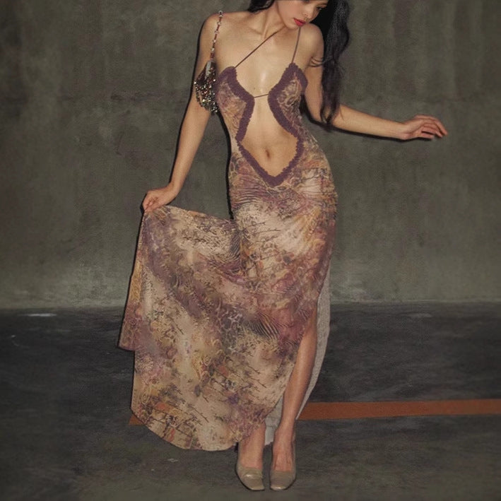 Seductive lace dress for women with deep V-neck and frill details Lune London