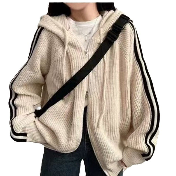 Casual knit hooded sweater for women with a deep V-neckline and chic side stripes