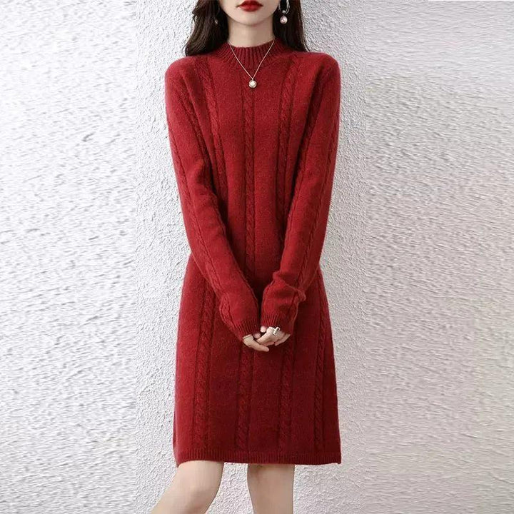 Ladies' knitted dress with elegant braid design and high collar Lune London