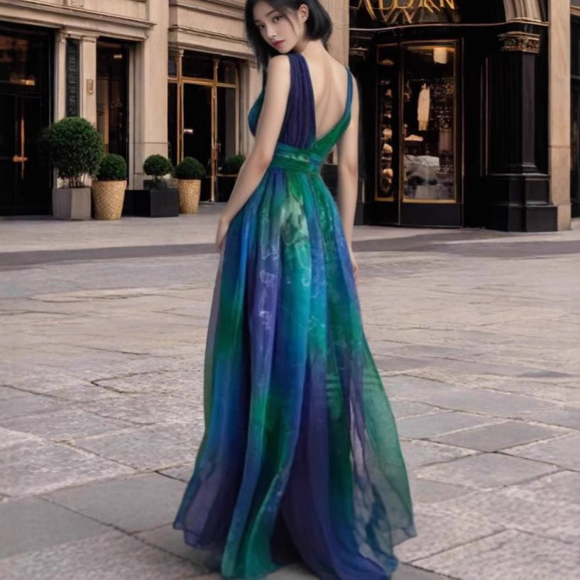 Women's Elegant Evening Dress with Shimmering Tulle Layers and Deep V-Neck