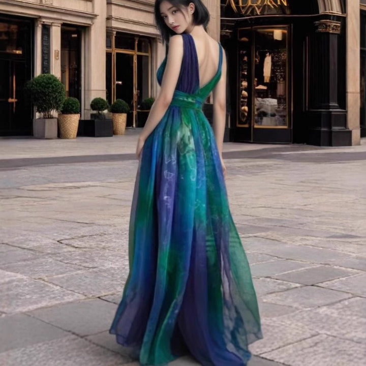 Women's Elegant Evening Dress with Shimmering Tulle Layers and Deep V-Neck