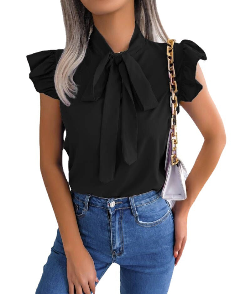 Ladies Blouse with Ruffle Details and Chic Bow Element Lune London