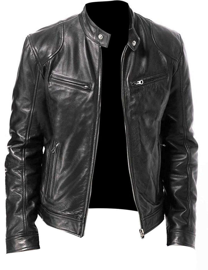 Men's vegan leather blazer with stand-up collar