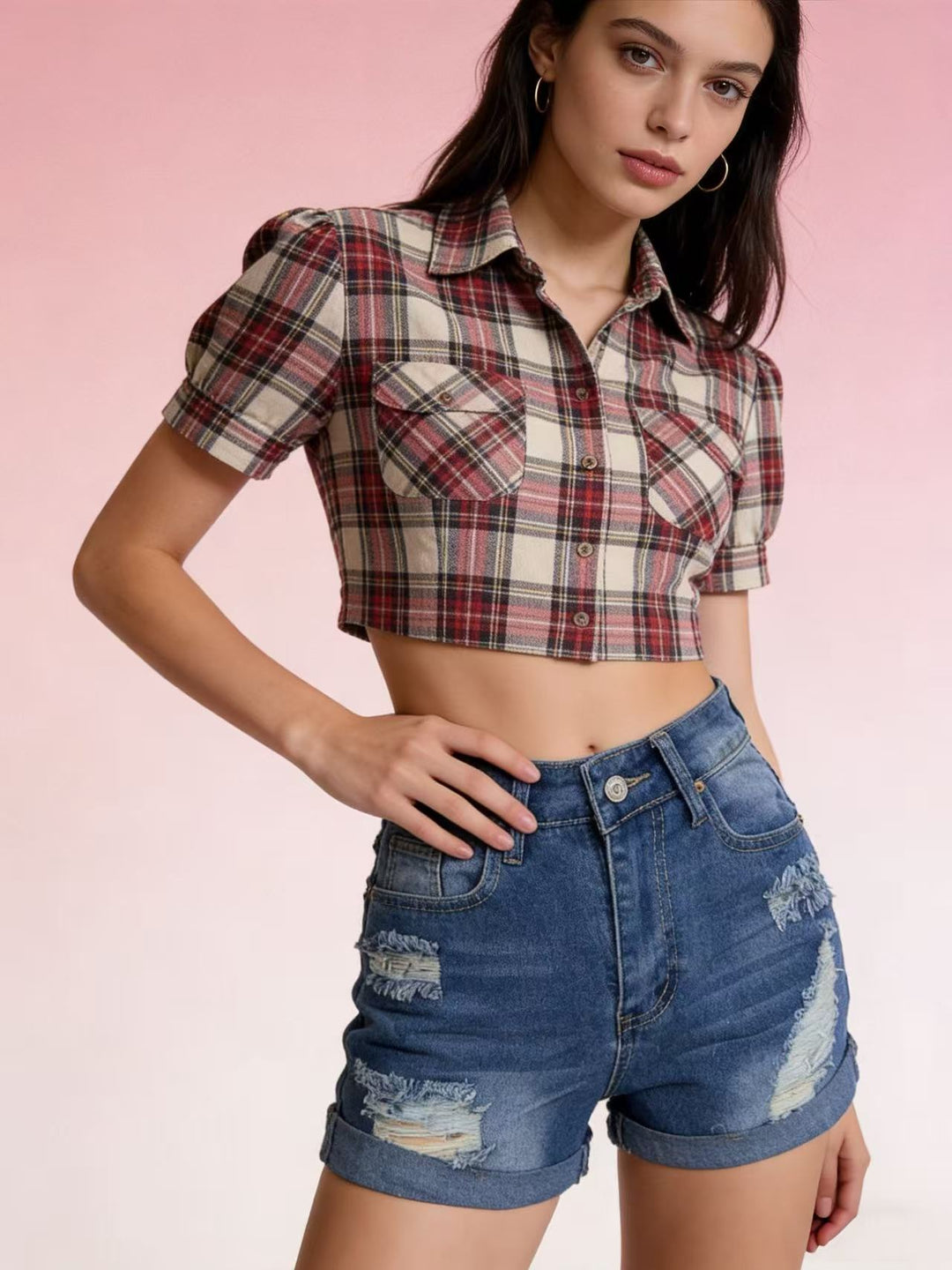 Women's crop top in classic check pattern with puff sleeves Lune London