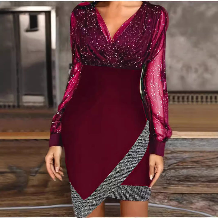 Women Elegant Wrap Dress with Sparkling Details and Sheer Sleeves Lune London