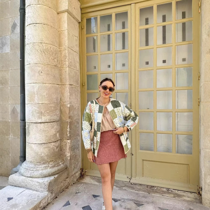 Quilted patchwork jacket for women with practical pockets Lune London