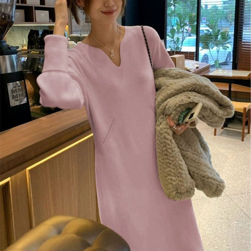 Knit dress for women with deep V-neck and specially designed structure Lune London