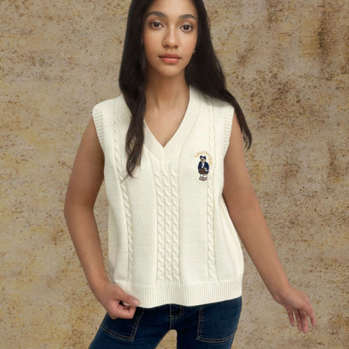 Knitted vest for women with V-neck and embossed pattern Lune London