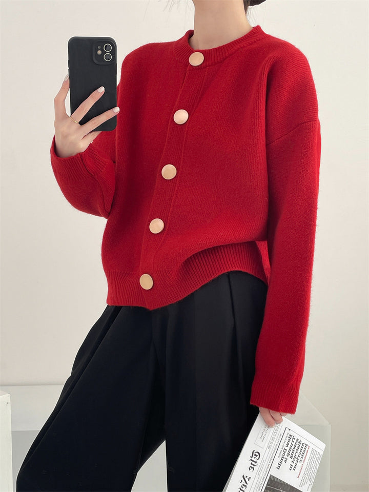 Oversized knit jacket for women with large wooden buttons and wide cut Lune London