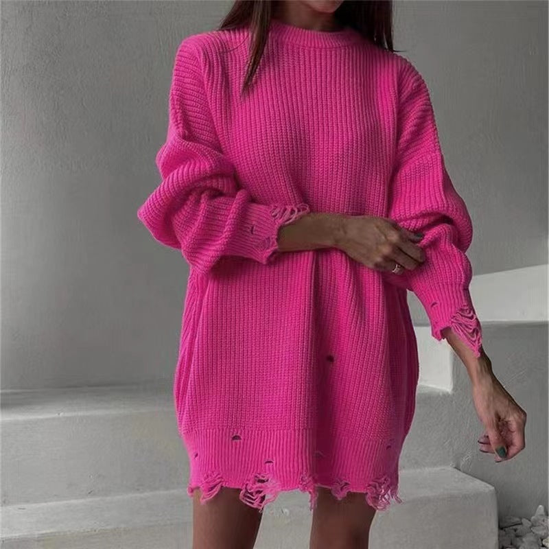Knitted dress for women with asymmetric hem and trendy belt Lune London
