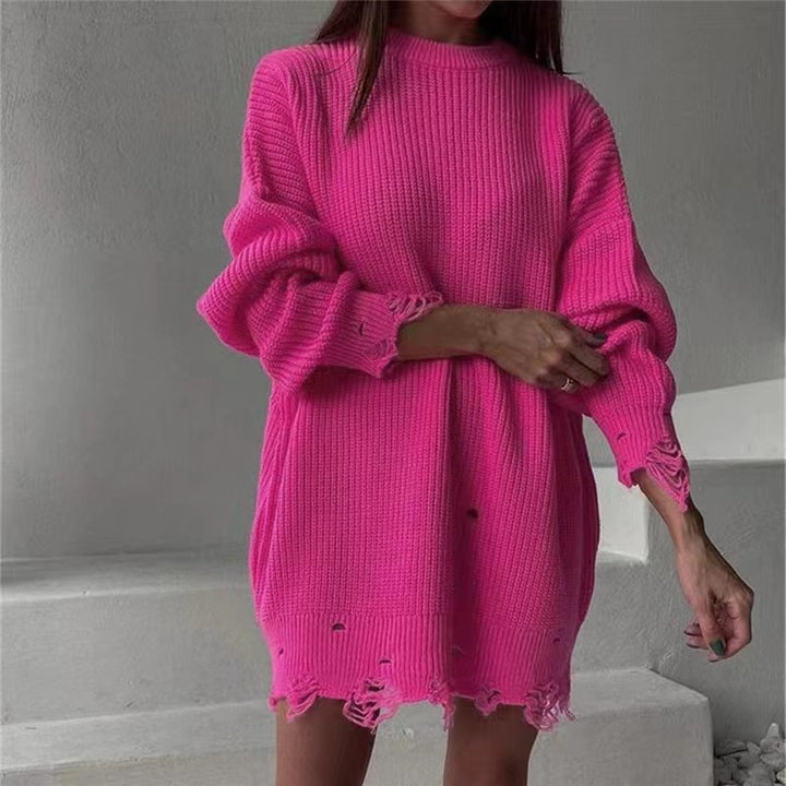 Knitted dress for women with asymmetric hem and trendy belt Lune London
