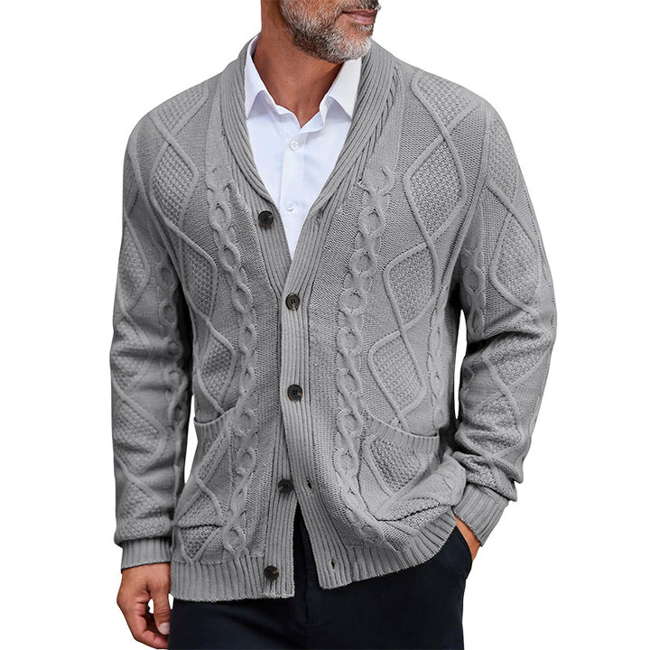 Men's chunky knit jacket with an elegant cable pattern and practical pockets Lune London