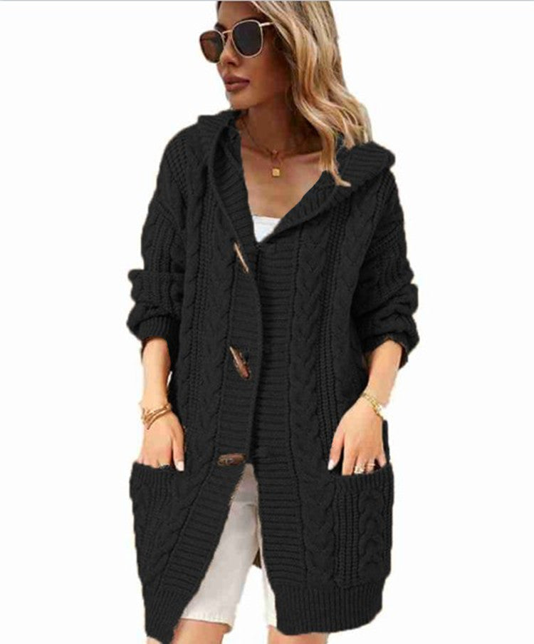 Ladies Large Knit Cardigan with practical pockets and cozy hood Lune London