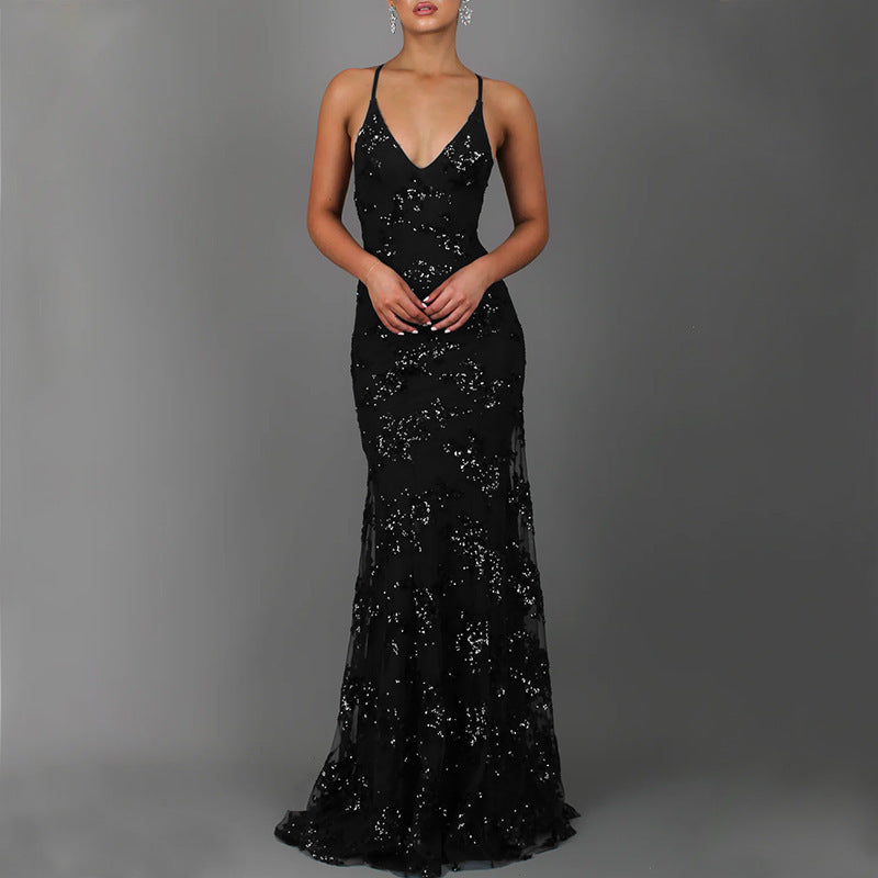 Sparkling evening dress for women with front slit and deep back neckline Lune London