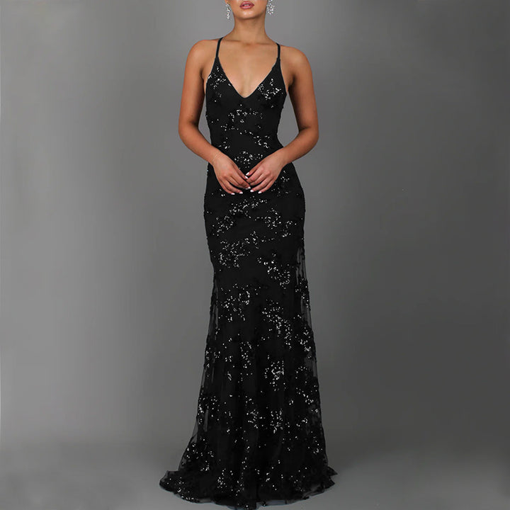 Sparkling evening dress for women with front slit and deep back neckline Lune London