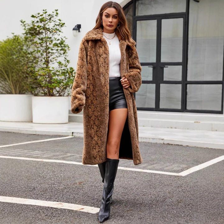 Lune London plush faux fur long blazer for women with a trendy snake pattern