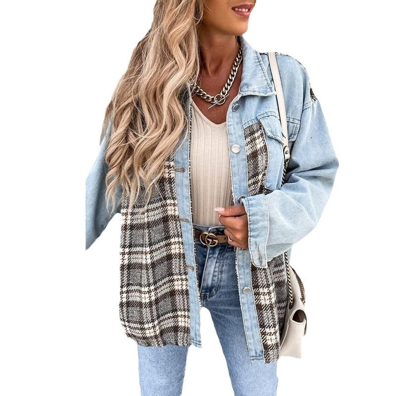 Tartan pattern denim jacket for women with a relaxed fit and modern details Lune London