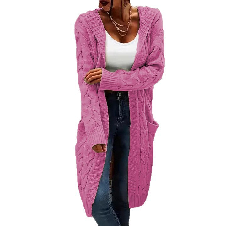 Ladies chunky knit cardigan with side pockets and structured cable design Lune London