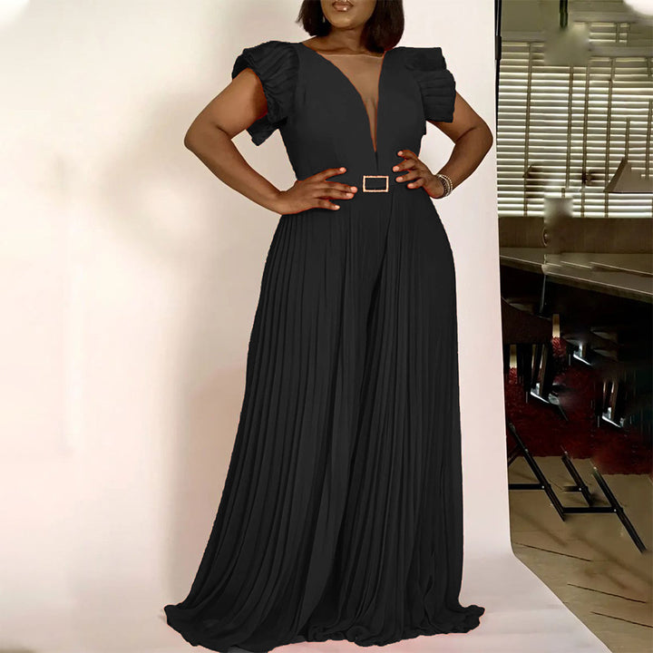 Maxi dress for women with voluminous puff sleeves and a deep V-neck Lune London