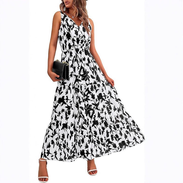Maxi dress for women with floral appliques and narrow straps Lune London