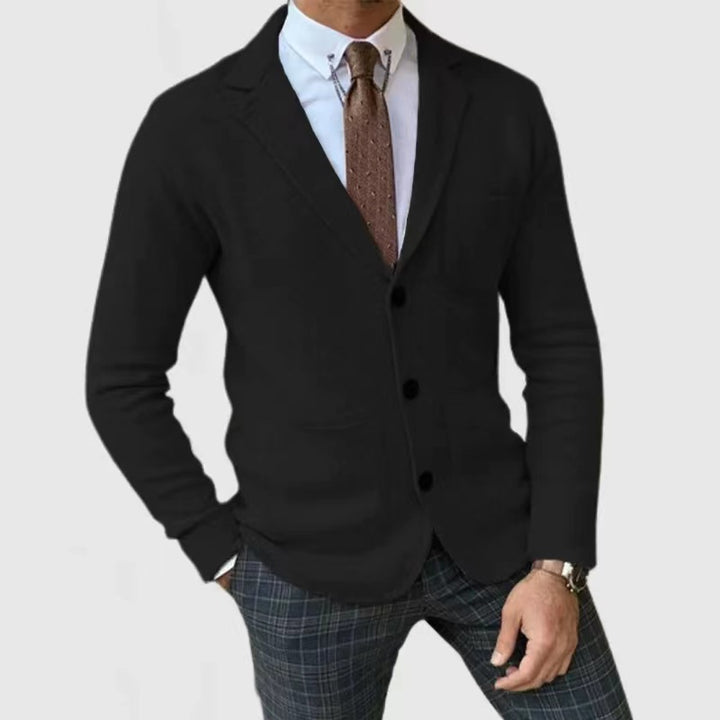 Casual knitted jacket for men with button placket and appliqué pockets Lune London