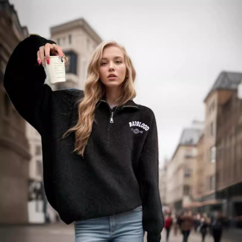Ladies Soft High Neck Sweater with Zipper and Modern Details Lune London