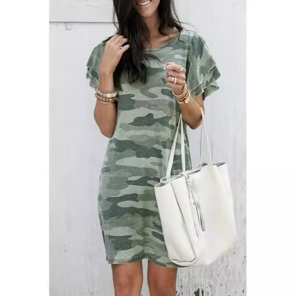 Leisure dress for women with ruffle details and camouflage design Lune London