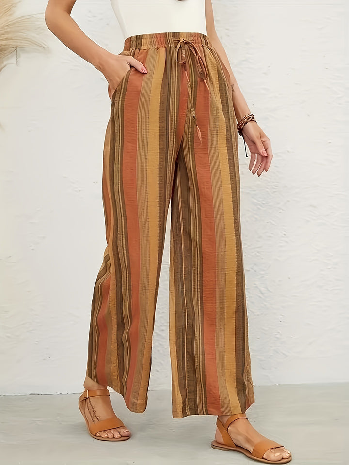Wide striped pants for women with elastic waist and practical tie belt Lune London