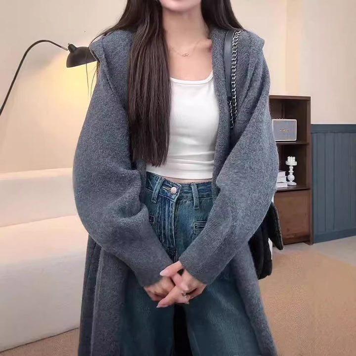 Manteau long en tricot pour femmes avec capuche décontractée et manches larges drapées