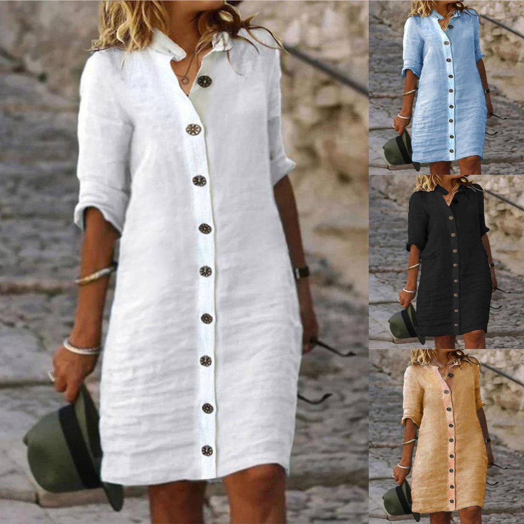 Linen shirt dress for women with button placket and roll-up sleeves Lune London